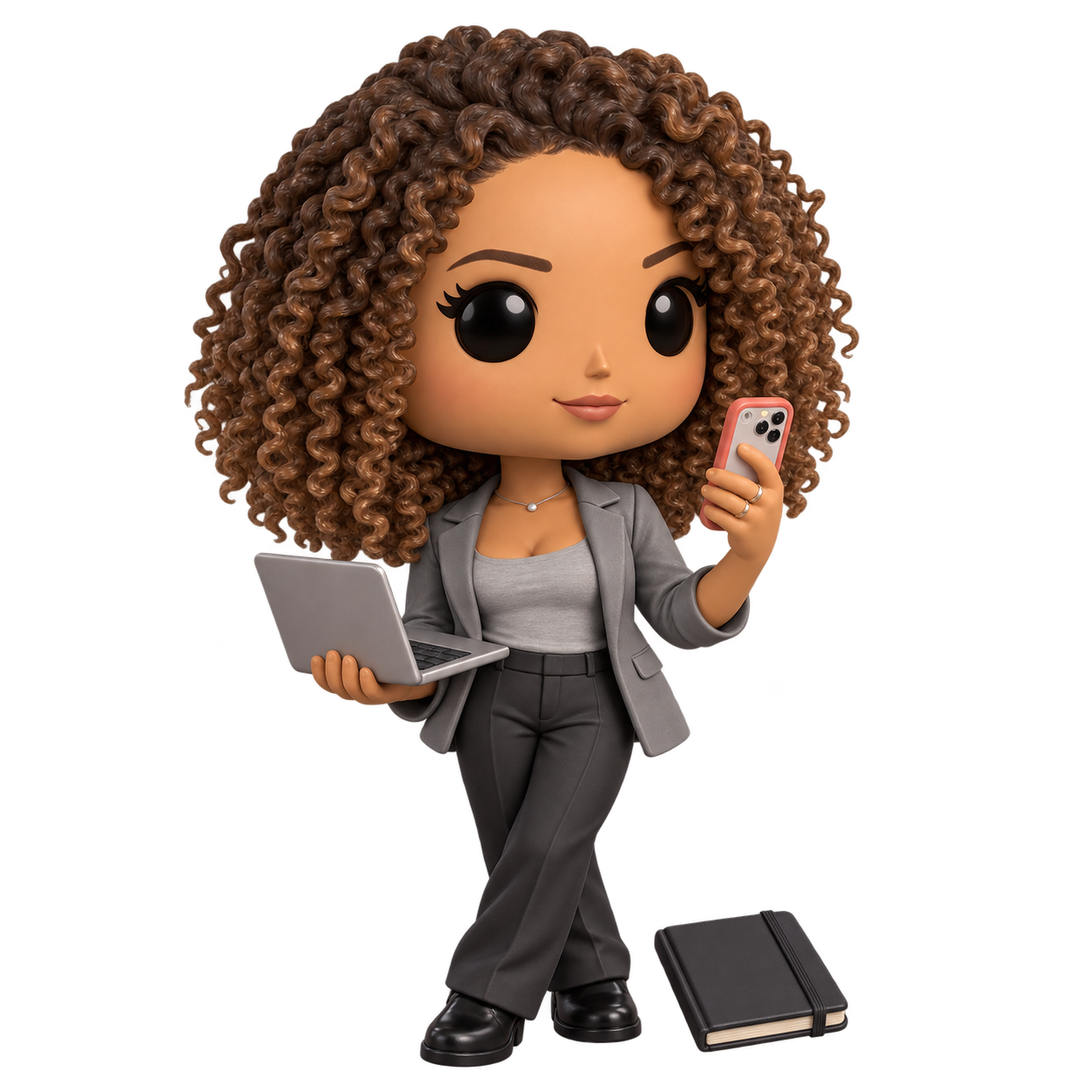 Jessica in versione figurina 3D, con smartphone, laptop e planner